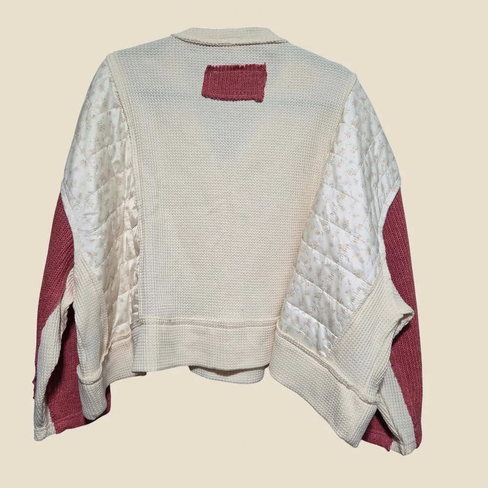 POL Mixed Media Waffle Knit Quilted Patchwork Pullover Top Cream Mauve YKT1307A - Picture 4 of 10
